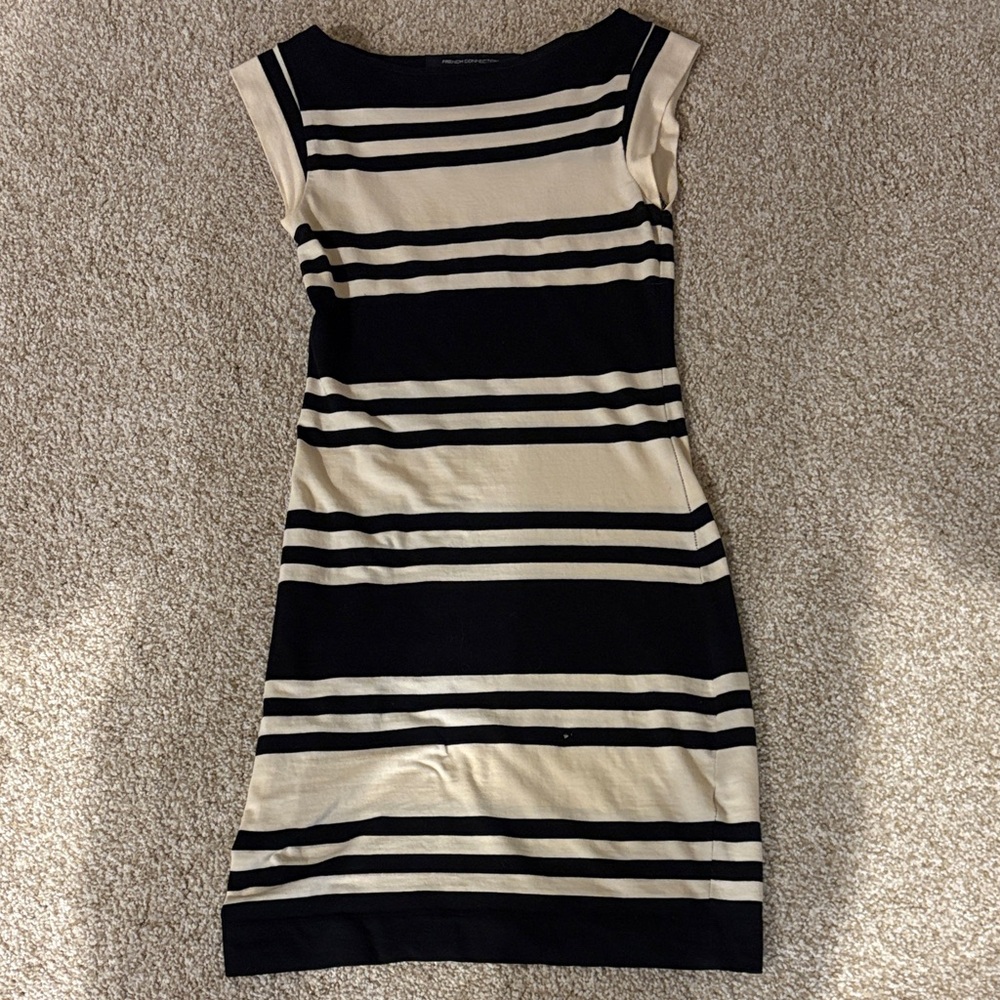 French Connection Black and Cream Bodycon Striped Dress